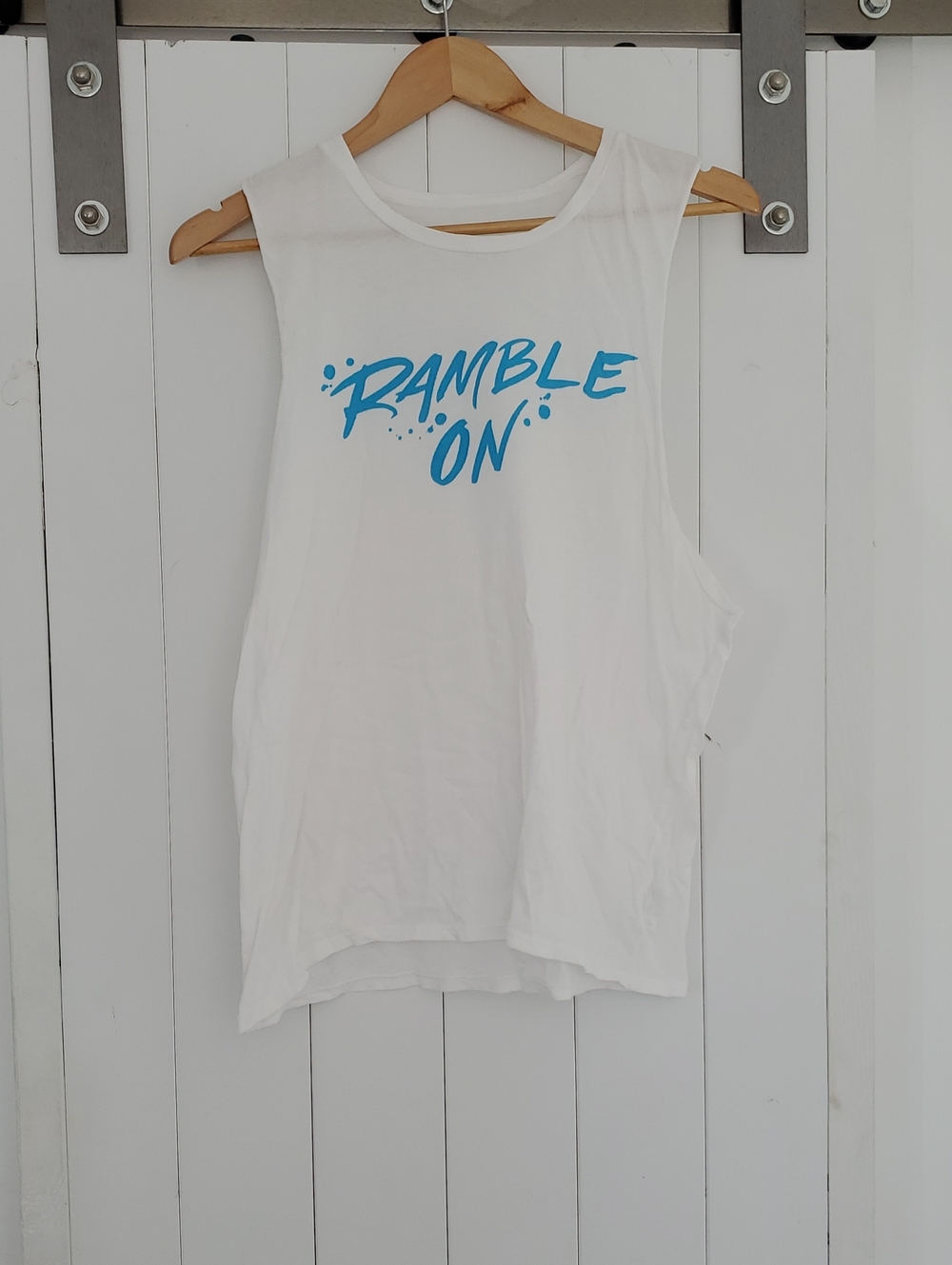 MATE the Label White Tank with Bright Blue "Ramble On" Graphic